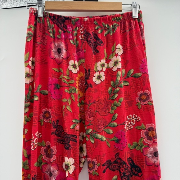 Johnny Was Pants Women's Sz Small Red Floral Rabbit Print High Rise Straight Leg - Picture 2 of 11